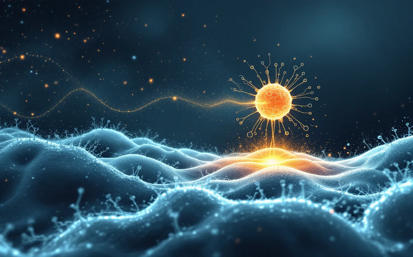 A single warm amber immune-signal pulse engaging a steel dendritic-cell rosette against a cool resting cellular field on cold slate